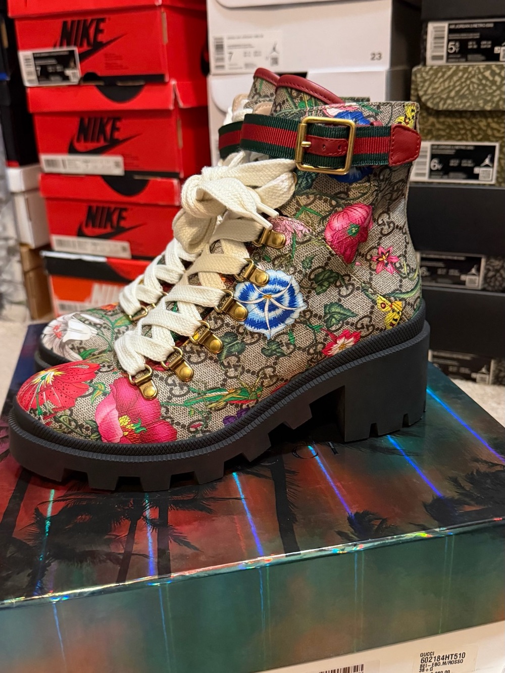 Gucci Floral Canvas Lug Boot in Beige, Red & Green
